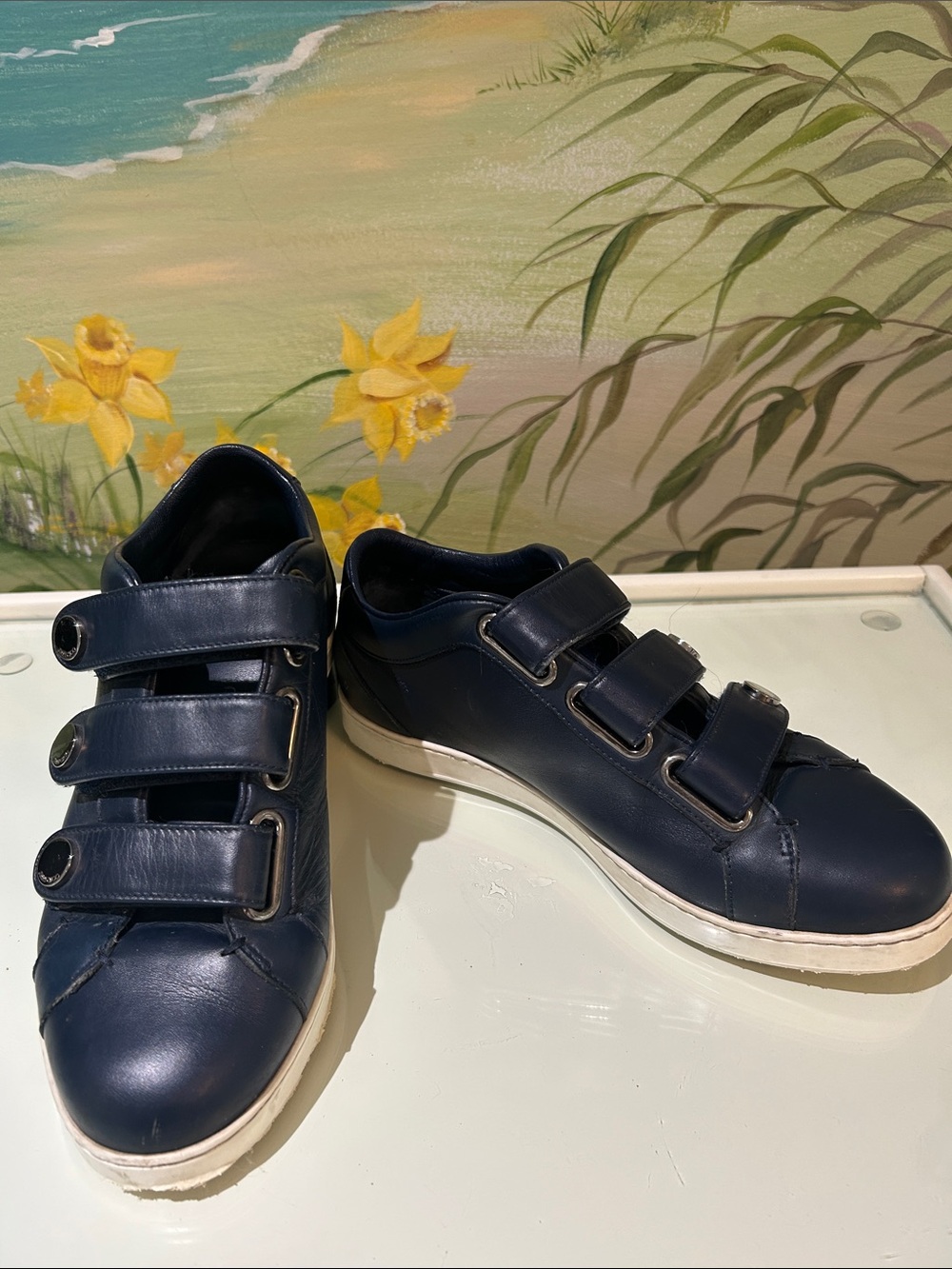 Jimmy Choo London Navy Low Top Leather Triple Strap Star Sole Sneakers